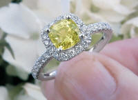 Natural yellow sapphire engagement ring with real diamond halo in solid 14k white gold and cushion cut yellow sapphire gemstone