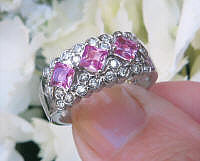 Natural Pink Sapphire Wedding Band with Diamonds. Diagonal set princess cut sapphires in solid 14k white gold for sale