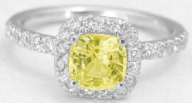 Natural cushion cut yellow sapphire engagement ring with real diamond halo in solid 14k white gold