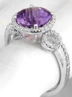 Checkerboard Faceted Amethyst Diamond Halo Ring in 14k white gold