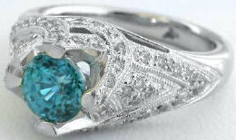 Ornate Blue Zircon Rings in 14k White Gold