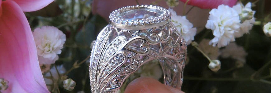 Ornate Bezel Set Praseolite Ring In 14k White Gold with Intricate Design