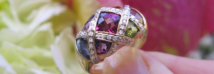 Multi gemstone fashion ring with diamonds and 14k yellow gold