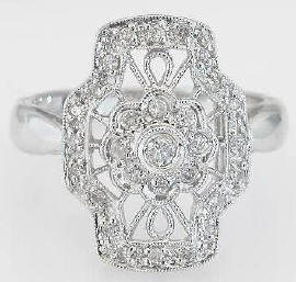 Antique Style Open Lattice Design Diamond Ring in 18k white gold for sale