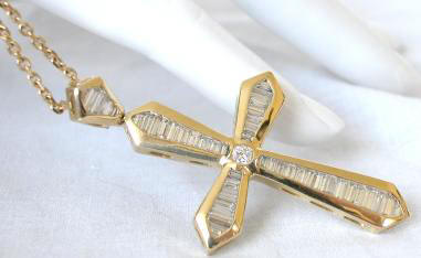 Baguette Diamond Cross Pendant w/ Round Center
