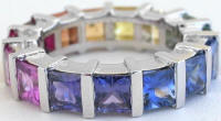 Princess cut natural rainbow sapphire eternity ring in gold