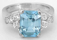 Emerald Cut Blue Zircon and Diamond Ring in 14k white gold