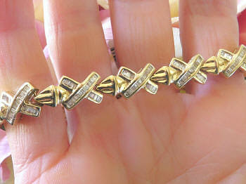 7 inch 5 carat Real Baguette Diamond X Bracelet in 14k yellow gold for sale