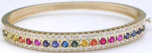 Rainbow Sapphire and Diamond Bangle Bracelet in 14k yellow gold