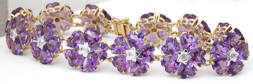 Amethyst Flower Station Tennis Bracelet with Heart Shaped Gemstones in 14k yellow gold for sale