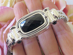 Solid 14k White Gold Rope Design Natural Black Onyx Bangle Bracelet for sale