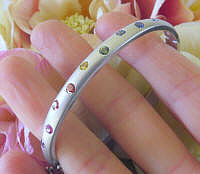 Burnished Natural Round Multi Color Sapphire Bangle Bracelet in solid 14k white gold with Satin Finishing for sale