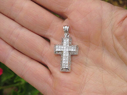 1 carat Invisibly Set Princess Cut Diamond Cross Pendant in 14k white gold