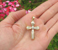 Princess Cut Diamond Cross Pendant with Round Diamond Bezel Set Center in 14k yellow gold