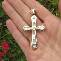 Men's Large 3 carat Baguette Real Diamond Cross in 18k yellow gold for sale