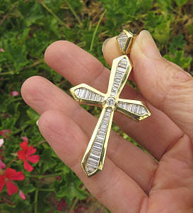 Large 3 carat Baguette Diamond Cross in 18k yellow gold