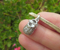 Genuine Chocolate Brown Diamond and White Diamond Baby Shoe Charm with Strap in 14k white gold. Maternity Gift