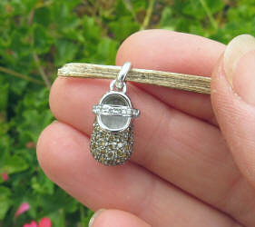 Real Chocolate and Diamond Baby Shoe with Strap in 14k white gold. Maternity Gift.
