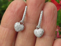 Pave Diamond Heart Dangle charm Earrings in 14k white gold