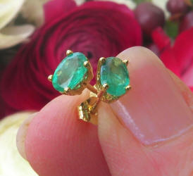 Natural Oval Solitaire Emerald Earrings in 14k yellow gold with Ornate Basket Setting