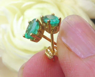 Genuine Emerald Earrings in 14k yellow gold with Ornate Basket Setting