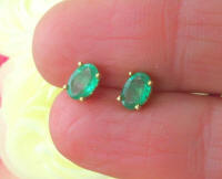 Natural Oval Solitaire Emerald Earrings in real 14k yellow gold for sale