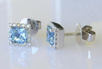 Natural 5mm Princess Cut Aquamarine Earrings with a a Diamond Halo in 14k white gold for sale