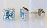 Real Princess Cut Aquamarine and Diamond Earrings in solid 14k white gold