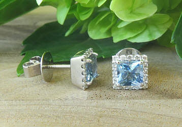 Natural 5mm Princess Cut Aquamarine Earrings with a a Diamond Halo in 14k white gold