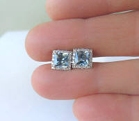 Real Aquamarine and Diamond Earrings set in solid 14k white gold