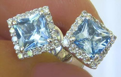 Princess Cut Aquamarine and Diamond Earrings in 14k white gold