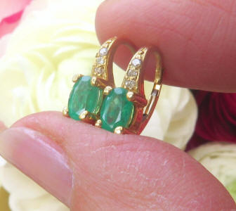 1 carat Natural Oval Emerald and Diamond Earrings in 14k yellow gold