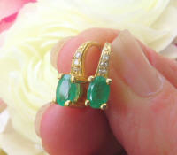 1 carat Natural Oval Emerald Leverback Earrings with real diamonds in 14k yellow gold