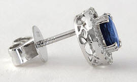 9mm Sapphire Earrings with 5.8mm Round Blue Sapphires and Diamond Halo Setting in 14k