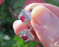 Princess Cut Genuine Ruby and Diamond Halo Earrings in white gold