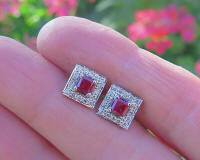 Real Pincess Cut  Ruby Screwback  Earrings with a Diamond Halo in 14k white gold for sale