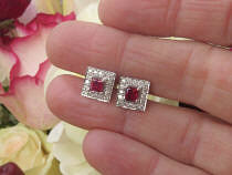 Princess Cut Natural Ruby and Diamond Halo Earrings in white gold (GE-5086