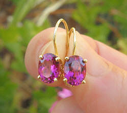 Oval Real Pink Tourmaline Dangle Earrings with Leverback in solid14k yellow gold