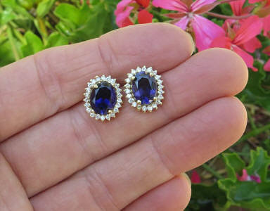 Oval Iolite Stud Earrings with Diamond Halo in solid 14k yellow gold