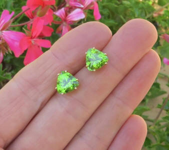 Trillion Peridot Stud Earrings in 14k yellow gold for sale