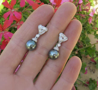 Real Tahitian Pearl and Baguette Diamond Earrings in 18k white gold