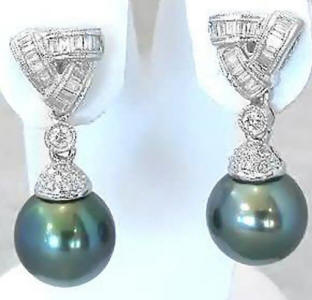 Cultured Tahitian Pearl and Baguette Diamond Earrings in 18k white gold