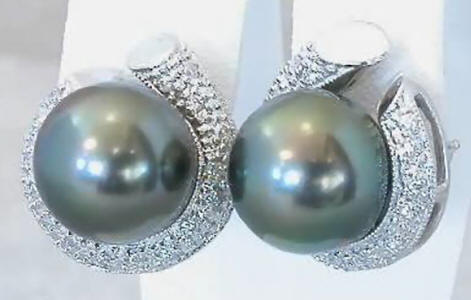 10.9 mm Cultured Tahitian Pearl and Diamond Earrings in 18k white gold