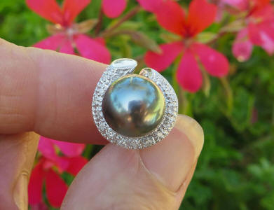 large 11 mm Tahitian Pearl Stud Diamond Earrings in 18k white gold