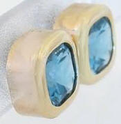 Bezel Set 5 ctw Cushion Cut Blue Topaz Earrings in 14k yellow gold