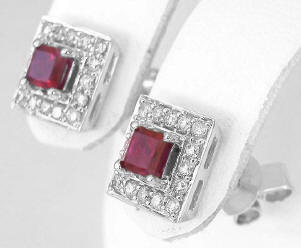 Natural Genuine Princess Cut Ruby and Diamond Halo Earrings