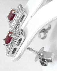 Princess Cut Ruby and Diamond Halo Earrings in 14k white gold