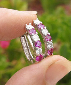 Real Pink Sapphire and Ideal Cut Diamond Hoop Earrings in 14k white gold