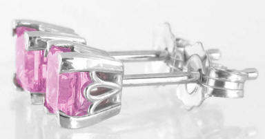White Gold Princess Cut Pink Sapphire Earrings in 14k white gold
