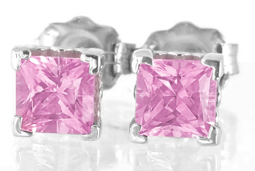 Princess Cut Pink Sapphire Stud Earrings in 14k white gold